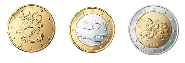 Finlandia | Fińskie monety euro (od lewej): 50 euro centów, 1€ i 2€